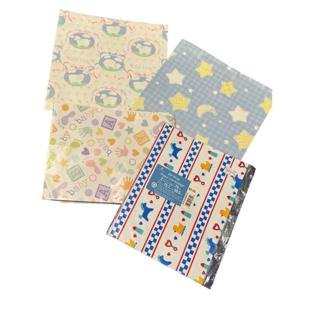 Vintage Baby Shower Wrapping Paper Lot Deadstock Pastel Dream Retro Gift Wrap